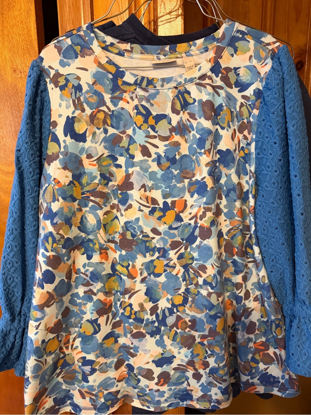 Blue Floral Knit Top with Textured Blue Sleeves